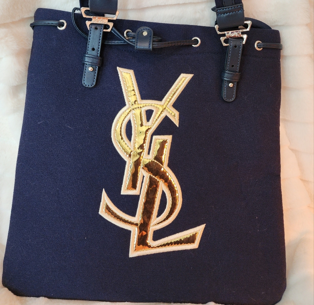 GWP. Yves Saint Laurent Blue and Gold Messenger Bag with Iconic Logo
